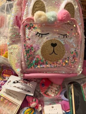 Kids Pink Sequin Unicorn Bear Backpack with Pom- Poms filled